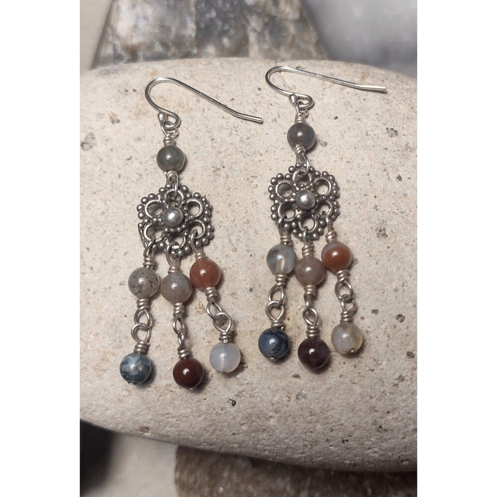 Sterling Silver.925 Jasper Agate Quartz Gemstone Chandelier Earrings Vintage